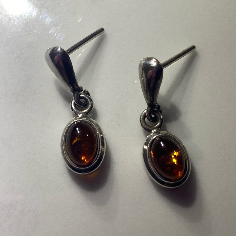 Sterling silver &‎ amber stud drop earrings